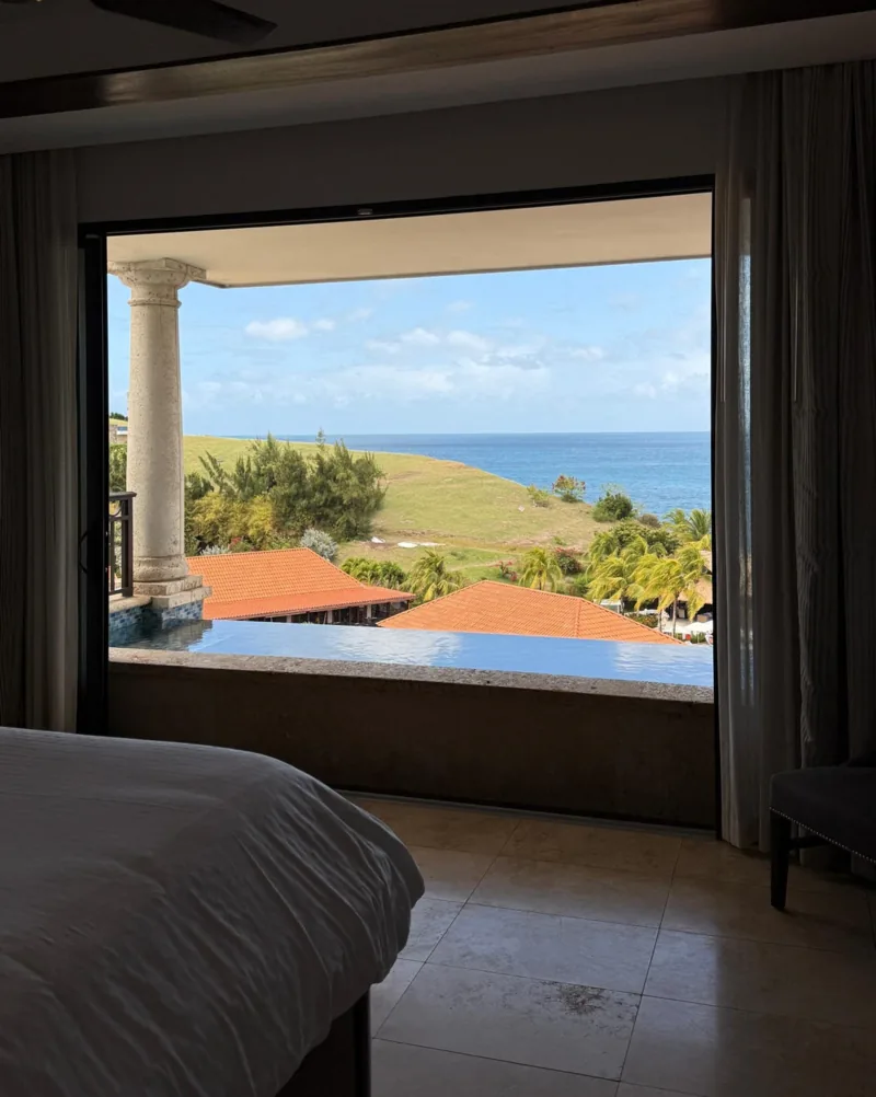 Ocean view from an all-inclusive resort room in the Caribbean
